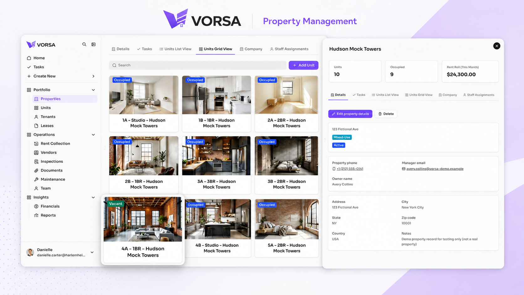 VORSA properties grid with Hudson Mock Towers detail drawer showing units, rent roll and property information