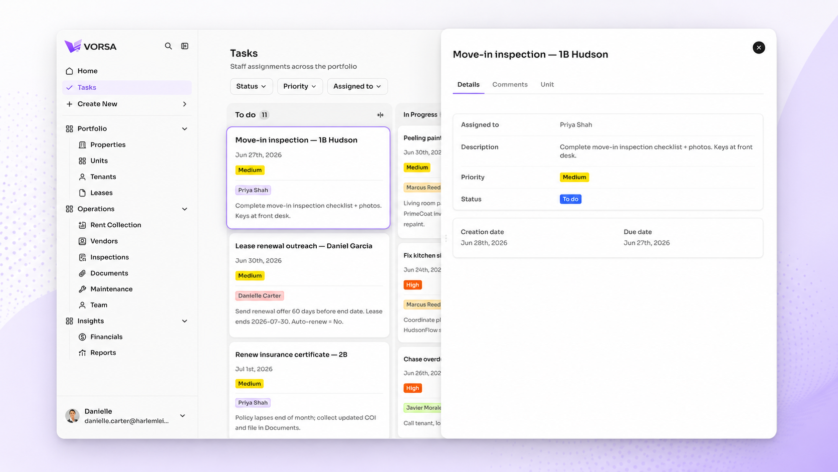 VORSA task board with a move-in inspection task expanded to show assignee, priority and due date