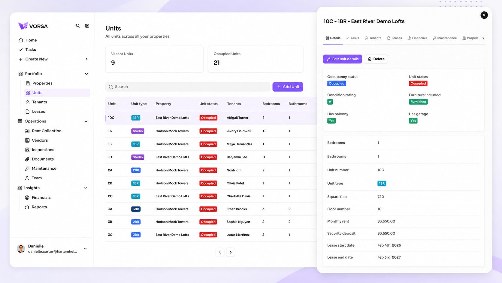VORSA units list with per-unit detail drawer showing occupancy, rent, lease dates and unit attributes