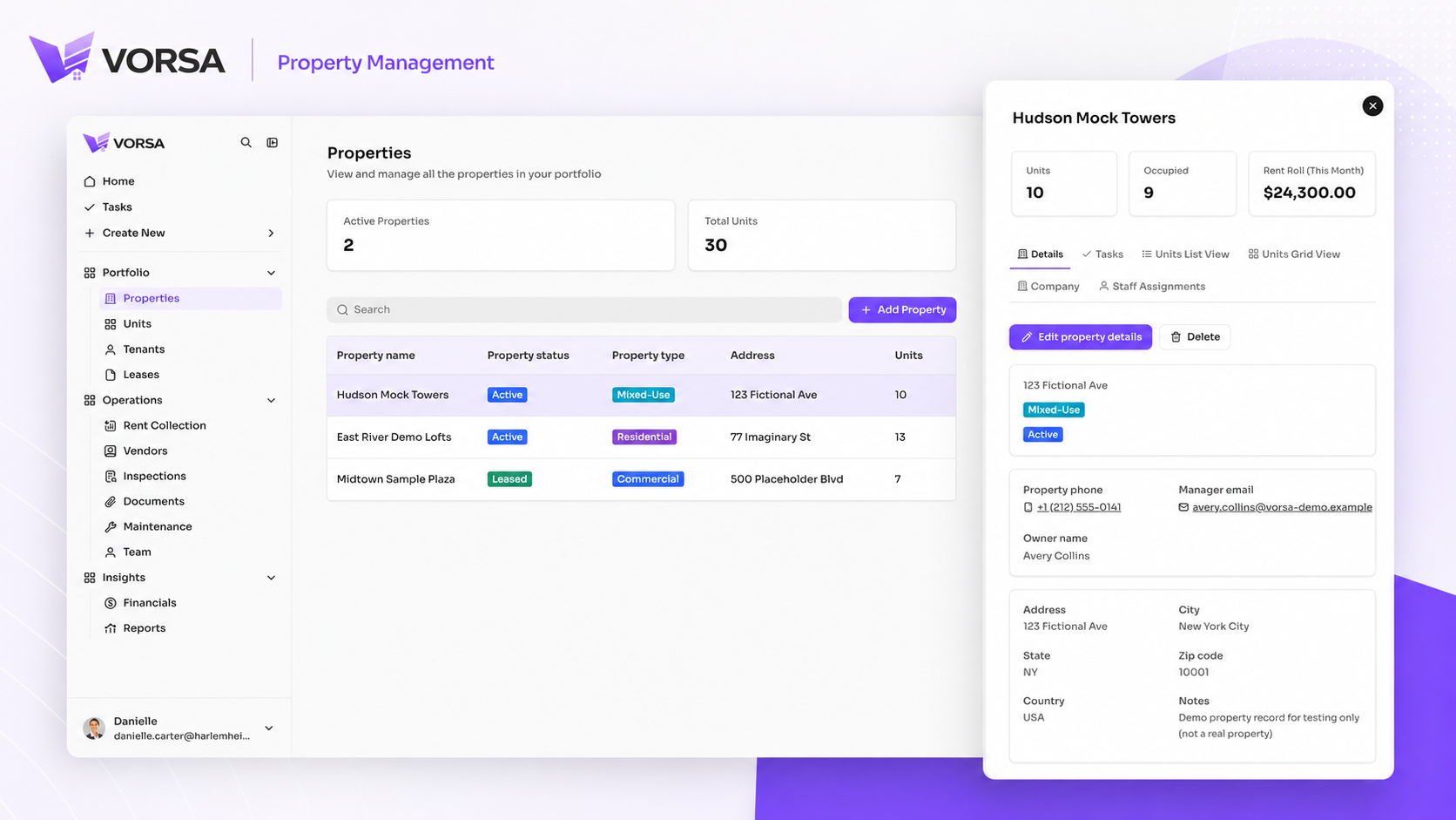 VORSA Tenants portal with properties, payments and maintenance requests